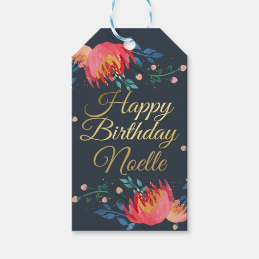 Donkerblauw, elegant, witte bloemen, goudaccent cadeaulabel (Voorkant)