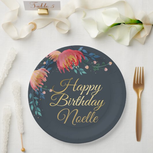 Donkerblauw, elegant, witte bloemen, goudaccent papieren bordje (Huwelijk)