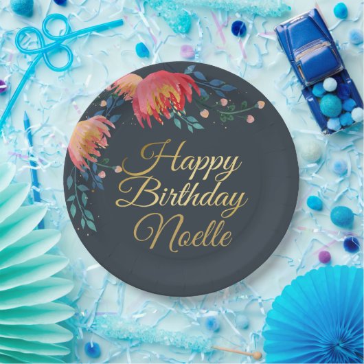 Donkerblauw, elegant, witte bloemen, goudaccent papieren bordje (Feest)