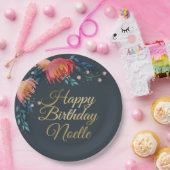 Donkerblauw, elegant, witte bloemen, goudaccent papieren bordje (Feest)