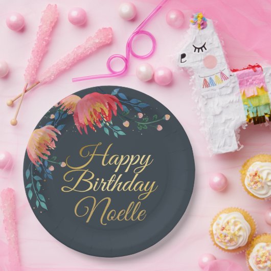 Donkerblauw, elegant, witte bloemen, goudaccent papieren bordje (Feest)