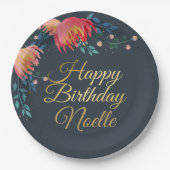 Donkerblauw, elegant, witte bloemen, goudaccent papieren bordje (Voorkant)