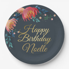 Donkerblauw, elegant, witte bloemen, goudaccent papieren bordje