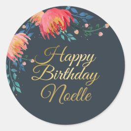 Donkerblauw, elegant, witte bloemen, goudaccent ronde sticker