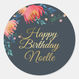 Donkerblauw, elegant, witte bloemen, goudaccent ronde sticker