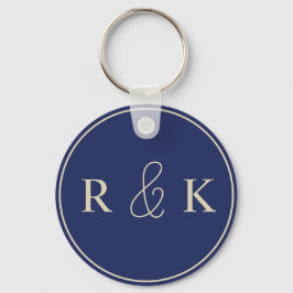 Donkerblauw en beige monogram sleutelhanger