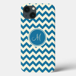 Donkerblauw en beige retro Chevron Monogram Case-Mate iPhone Case
