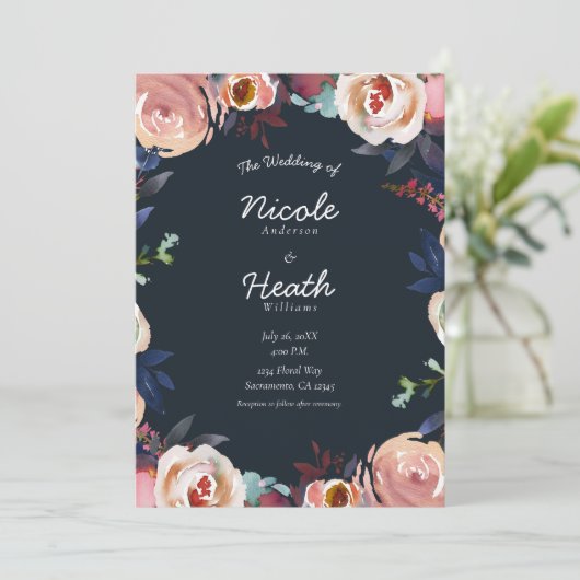 Donkerblauw en bleekroze Waterverf Kaart (Staand voorkant)