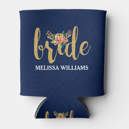 Donkerblauw en bruid in gouden glitter blikjeskoeler (Voorkant)