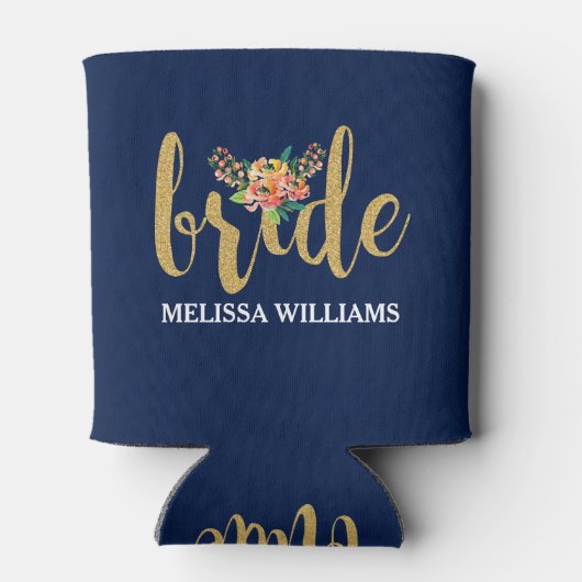 Donkerblauw en bruid in gouden glitter blikjeskoeler (Achterkant)