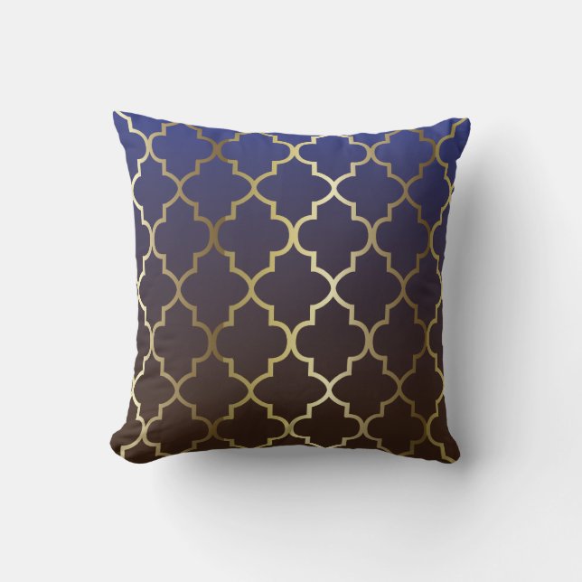 Donkerblauw en bruin blend | Gold Quatrefoil Patro Kussen (Voorkant)