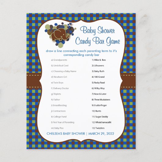 Donkerblauw en bruin ellephant Baby Boy Shower Gam Flyer (Voorkant)