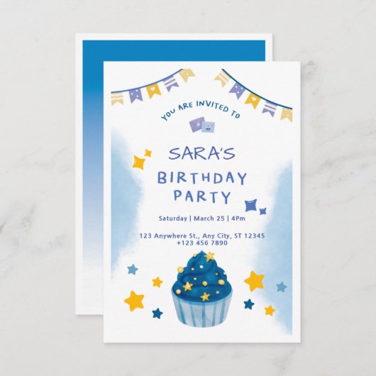 Donkerblauw en geel Confetti Verjaardagsuitnodigin Kaart (Voorkant / Achterkant)