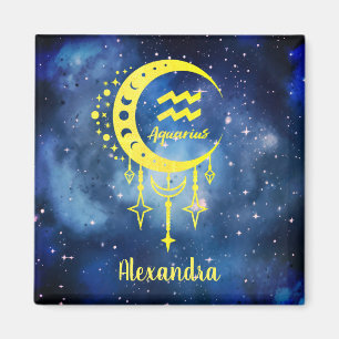 Donkerblauw en geel Custom Name Aquarius Magnet