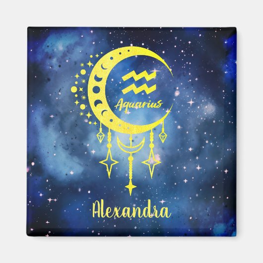 Donkerblauw en geel Custom Name Aquarius Magnet (Voorkant)