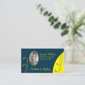 Donkerblauw en geel  met portretfoto visitekaartje (Staand voorkant)