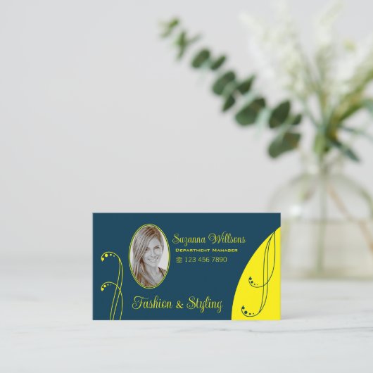 Donkerblauw en geel  met portretfoto visitekaartje (Staand voorkant)
