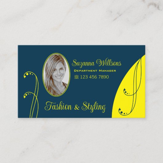 Donkerblauw en geel met portretfoto visitekaartje (Voorkant)