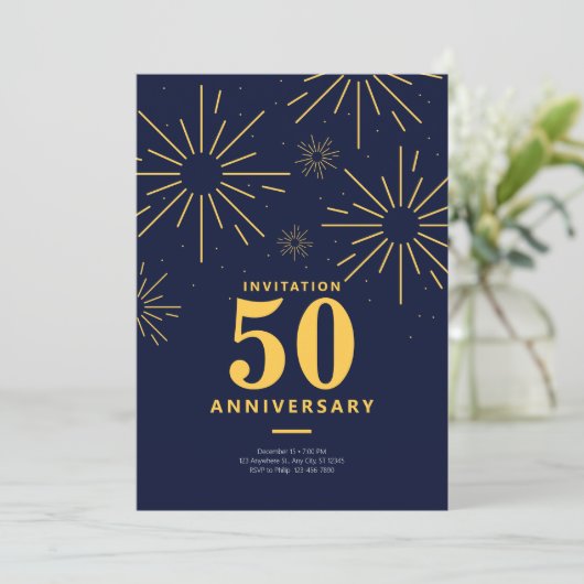 Donkerblauw en geel vuurwerk 50ste Jubileum Kaart (Staand voorkant)