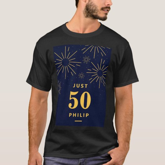 Donkerblauw en geel vuurwerk 50ste Jubileum T-shirt (Voorkant)