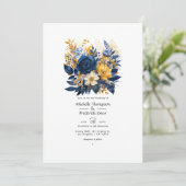 Donkerblauw en Goud Bloemen Bruiloft Kaart (Staand voorkant)