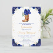 Donkerblauw en goud Bloemen Cowboy Boot Quinceañer Kaart (Staand voorkant)