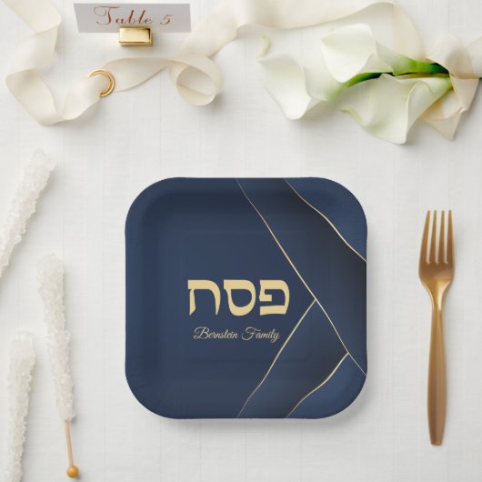 Donkerblauw en Goud Hebreeuws Pascha Seder Papieren Bordje (Huwelijk)