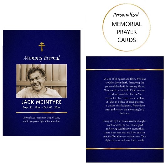 Donkerblauw en goud Orthodoxe begrafenisgebed Kaar Plaatskaartje