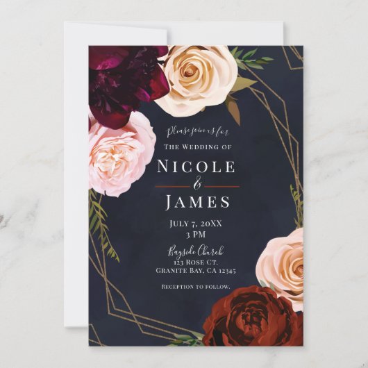 Donkerblauw en goudbruin huwelijk kaart (Voorkant)