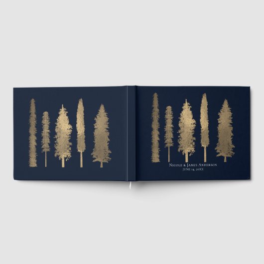 Donkerblauw en gouden bosbomen Wedding Gastenboek (Volledig)