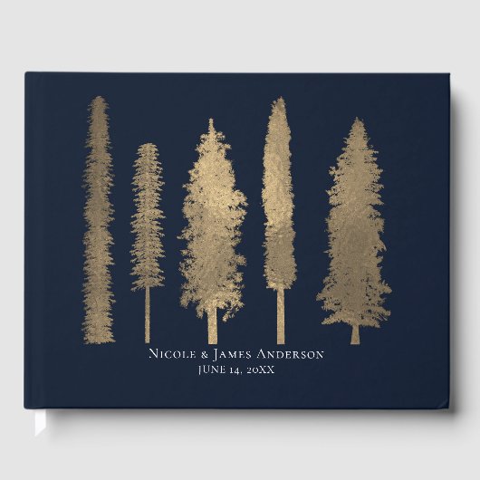 Donkerblauw en gouden bosbomen Wedding Gastenboek (Voorkant)