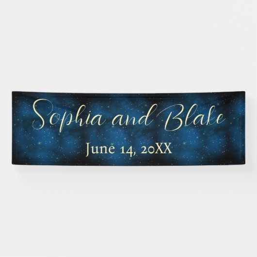 Donkerblauw en gouden Sterrennacht bruiloft Spandoek (Horizontaal)