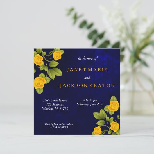 Donkerblauw en goudgele rozenbloem kaart (Staand voorkant)