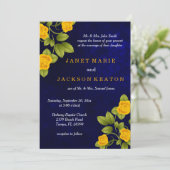 Donkerblauw en goudgele rozenweddenschap kaart (Staand voorkant)