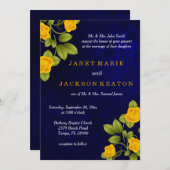 Donkerblauw en goudgele rozenweddenschap kaart (Voorkant / Achterkant)