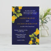 Donkerblauw en goudgele rozenweddenschap kaart (Staand voorkant)