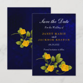 Donkerblauw en goudgele rozenweddenschap save the date (Voorkant / Achterkant)