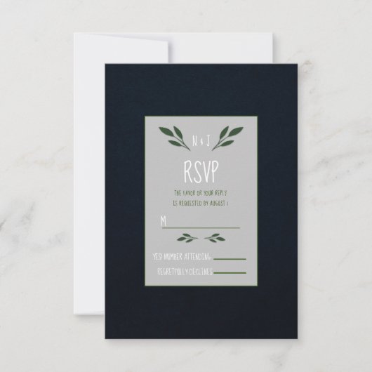 Donkerblauw en groene bladeren groen Rustic RSVP Kaartje (Voorkant)