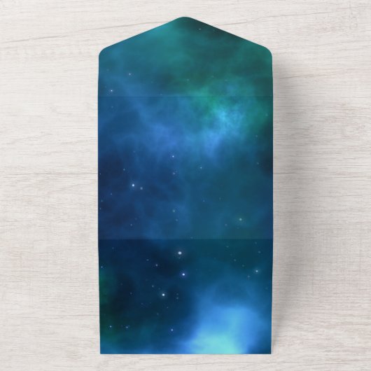 Donkerblauw en groene sterrenweddenschap all in one uitnodiging (Buitenkant)