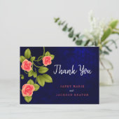 Donkerblauw en koraal Roos bruiloft Bedankkaart (Staand voorkant)