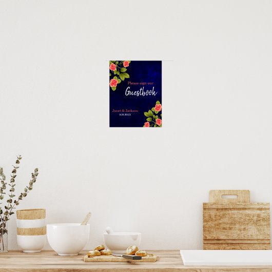 Donkerblauw en koraal Roos Guestbook Poster (Keuken)