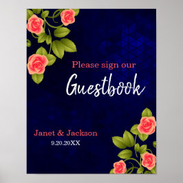 Donkerblauw en koraal Roos Guestbook Poster