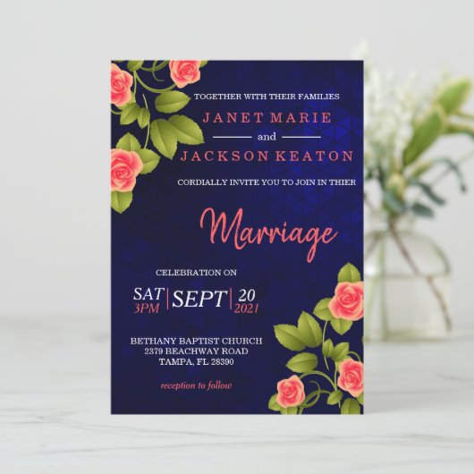 Donkerblauw en koraal Roos ventilator Kaart (Staand voorkant)