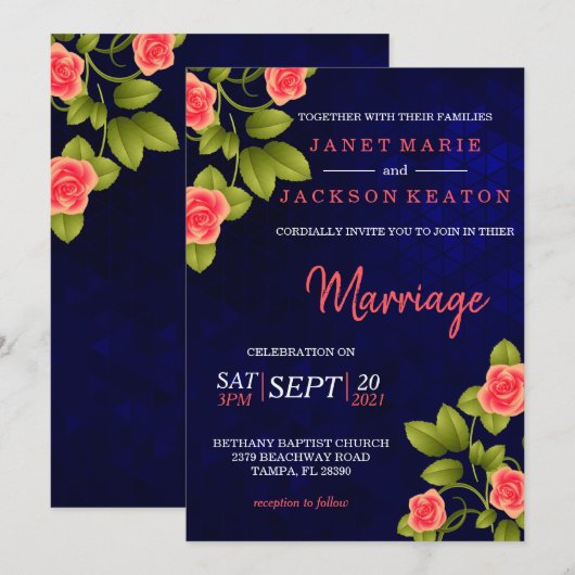 Donkerblauw en koraal Roos ventilator Kaart (Voorkant / Achterkant)