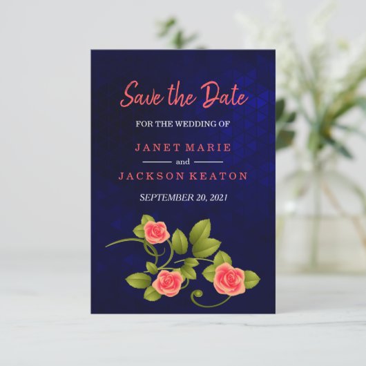 Donkerblauw en koraal Roos ventilator Save The Date (Staand voorkant)
