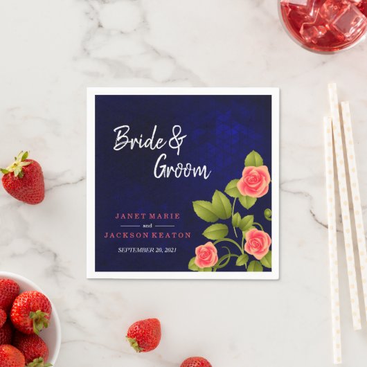 Donkerblauw en koraal Roos ventilator Servet (Insitu)