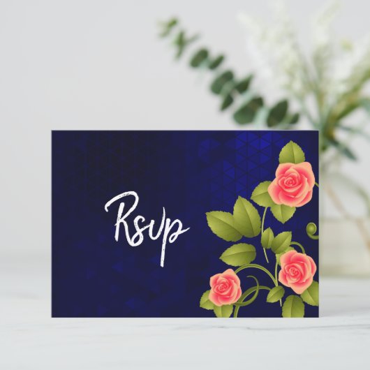 Donkerblauw en koraal Roos Vloeiend Collectie RSVP Kaartje (Staand voorkant)
