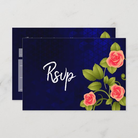 Donkerblauw en koraal Roos Vloeiend Collectie RSVP Kaartje (Voorkant / Achterkant)