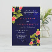 Donkerblauw en koraal Roos Vloeiend huwelijk Kaart (Staand voorkant)