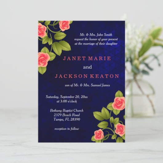 Donkerblauw en koraal Roos Vloeiend huwelijk Kaart (Staand voorkant)